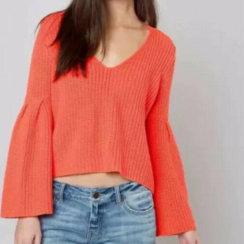 Free people orange‎ damsel V-neck oversize chunky knit sweater Size Large